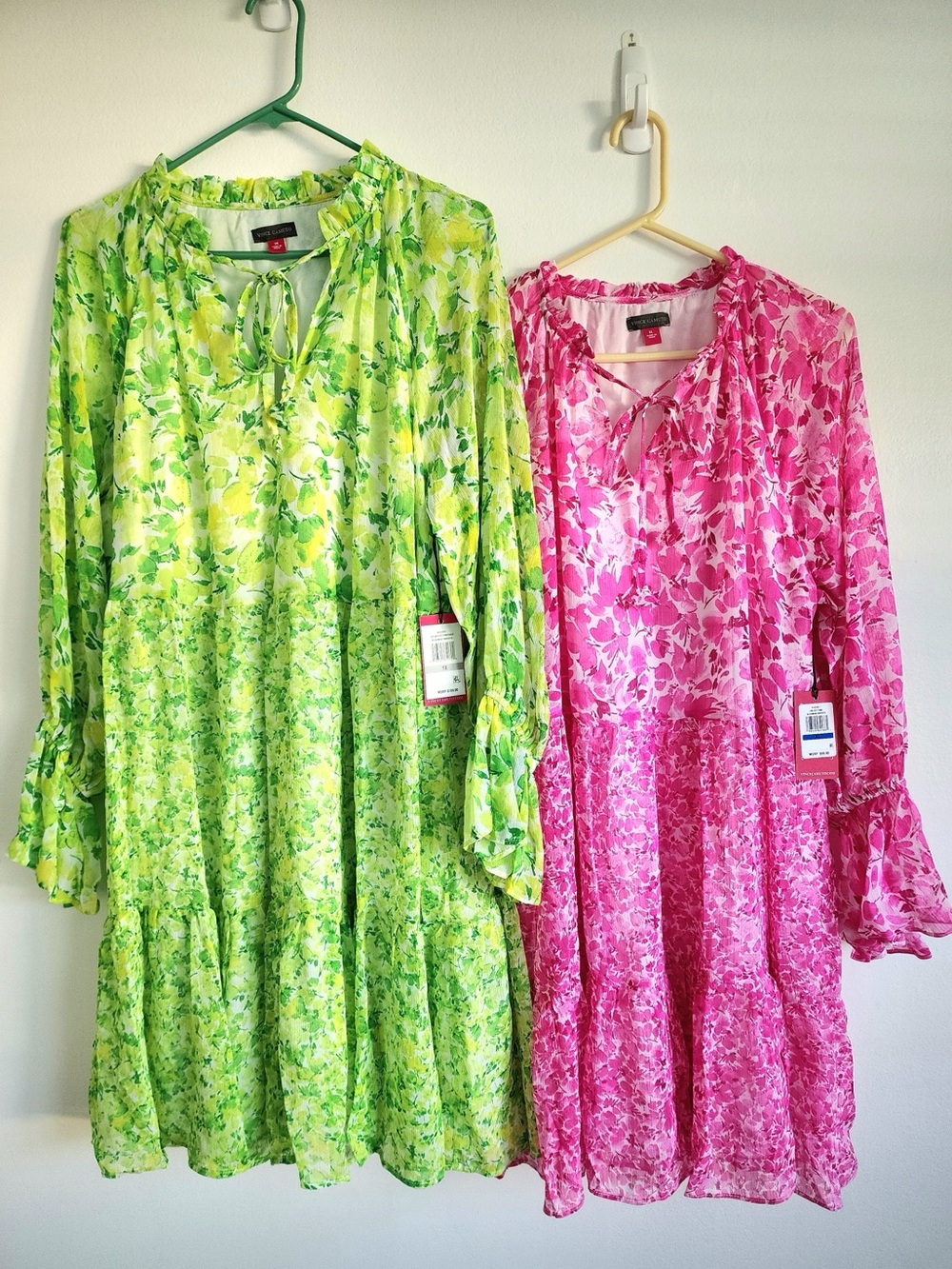 Vince Camuto Tie-Neck Long Sleeve Floral Tiered Dress in Lime Green and Hot Pink